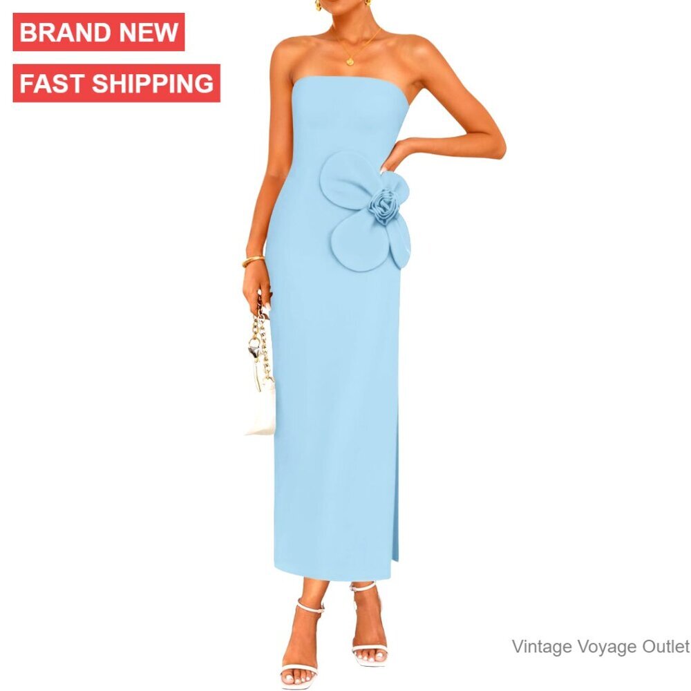 Strapless Backless Bodycon Maxi Dress Ribbed Knit Floral Cocktail Party